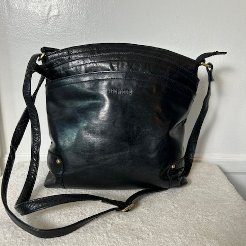 LEDER BUCK Black Genuine Leather Crossbody Bag Many Pockets
